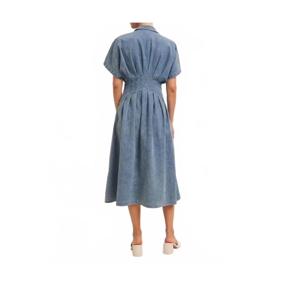 NEW IN FEBRUARY button down pleated midi dress in mineral washed denim - Picture 3 of 3